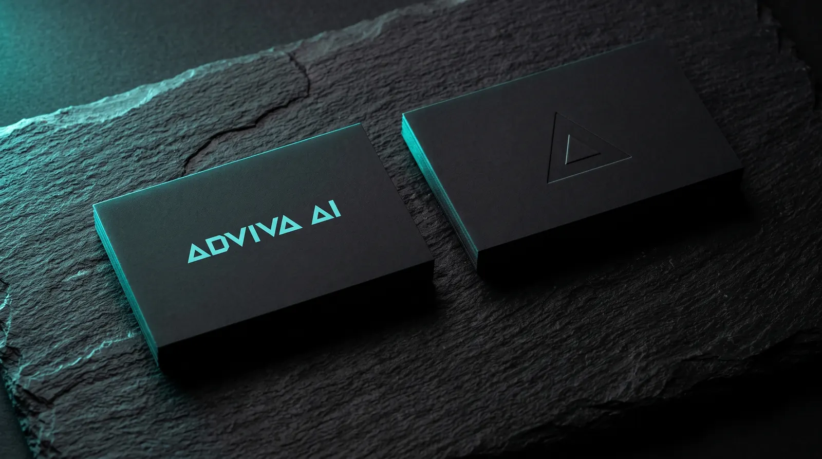 AdViva AI business cards in deep teal with an aqua wordmark, on dark slate